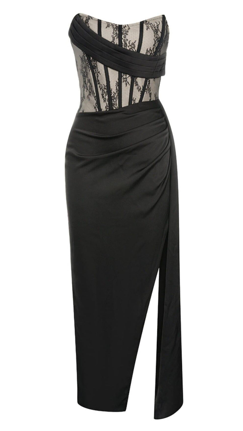 STRAPLESS CORSET MIDI DRESS IN BLACK