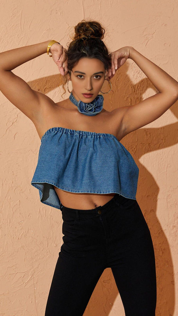 AIIZIE STRAPLESS DENIM TOP WITH CHOKER - product image