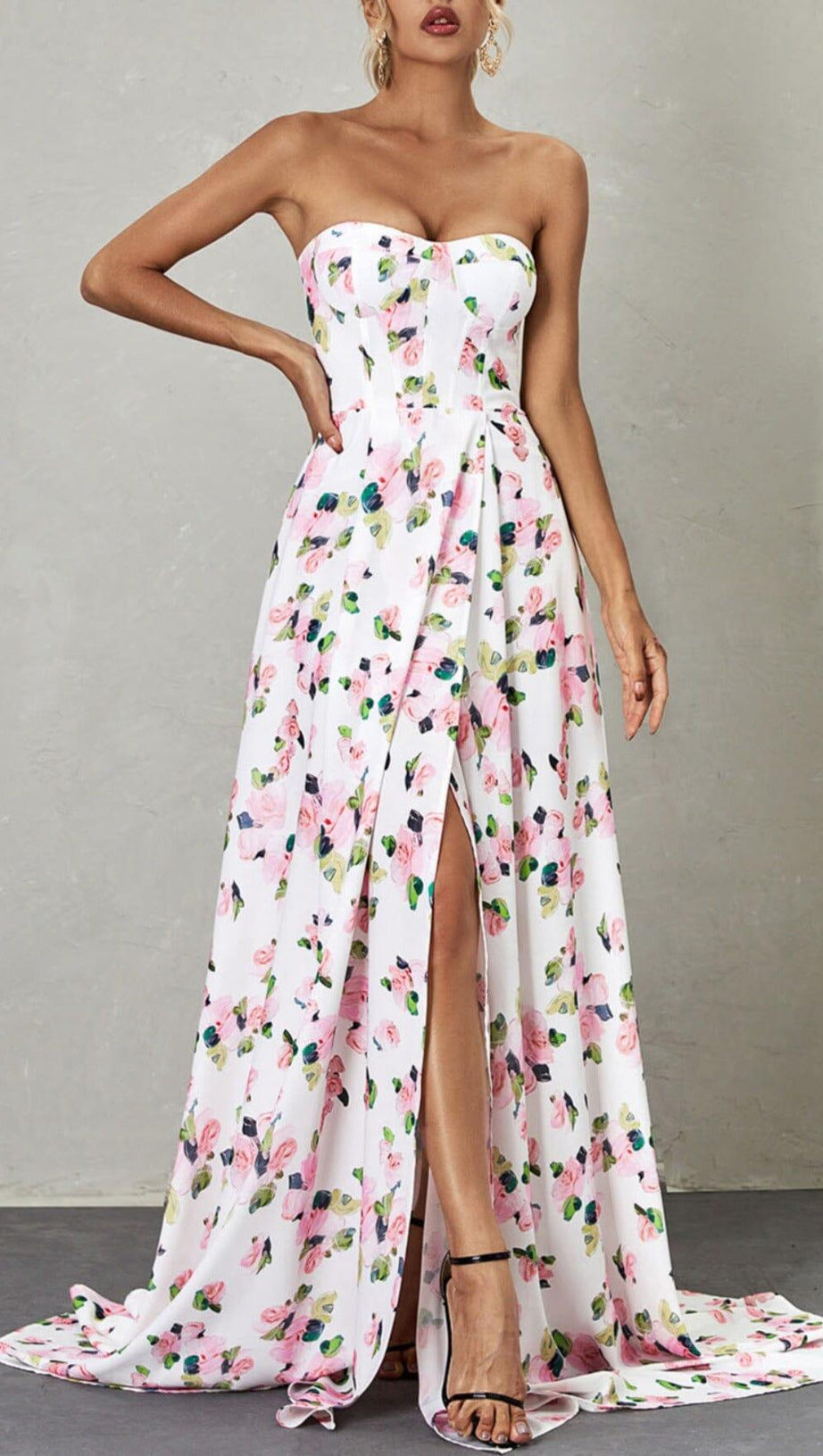 STRAPLESS FLORAL SPLIT MAXI DRESS