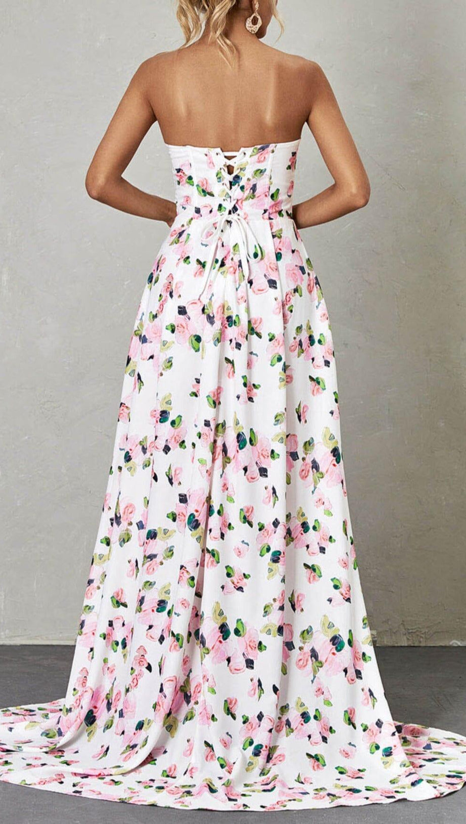 STRAPLESS FLORAL SPLIT MAXI DRESS