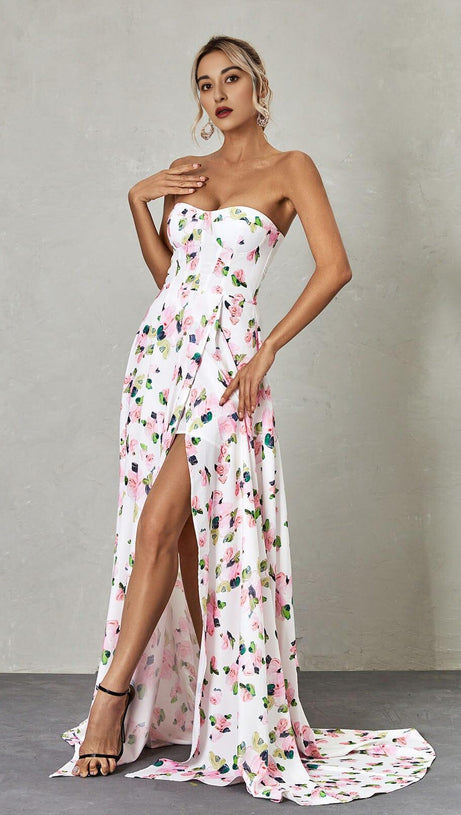 STRAPLESS FLORAL SPLIT MAXI DRESS