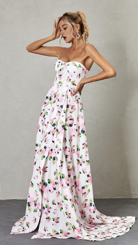 STRAPLESS FLORAL SPLIT MAXI DRESS