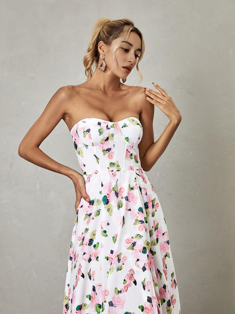 STRAPLESS FLORAL SPLIT MAXI DRESS