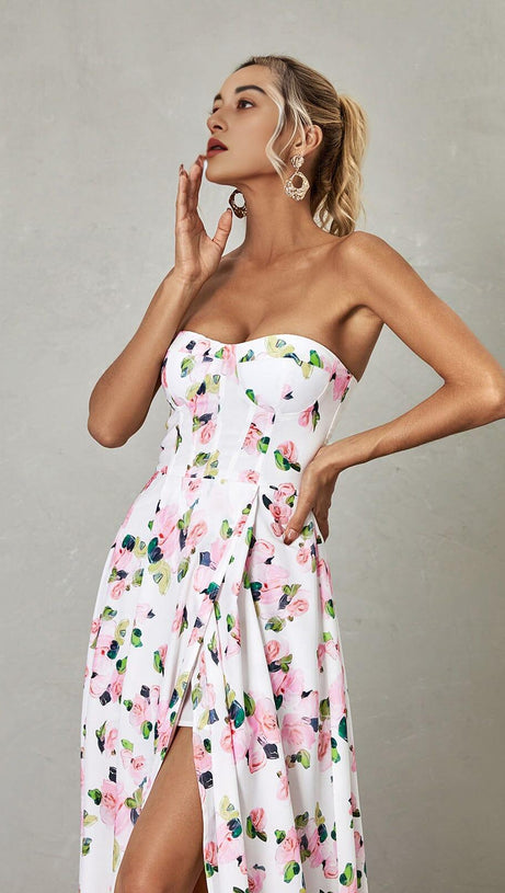 STRAPLESS FLORAL SPLIT MAXI DRESS