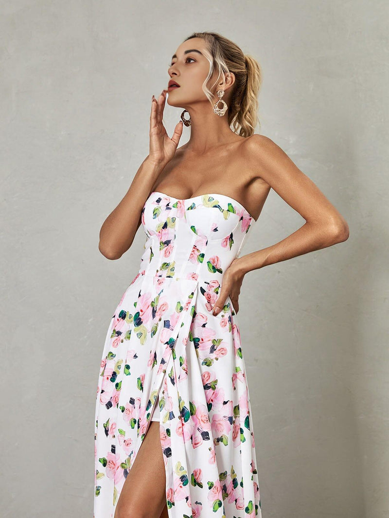 STRAPLESS FLORAL SPLIT MAXI DRESS