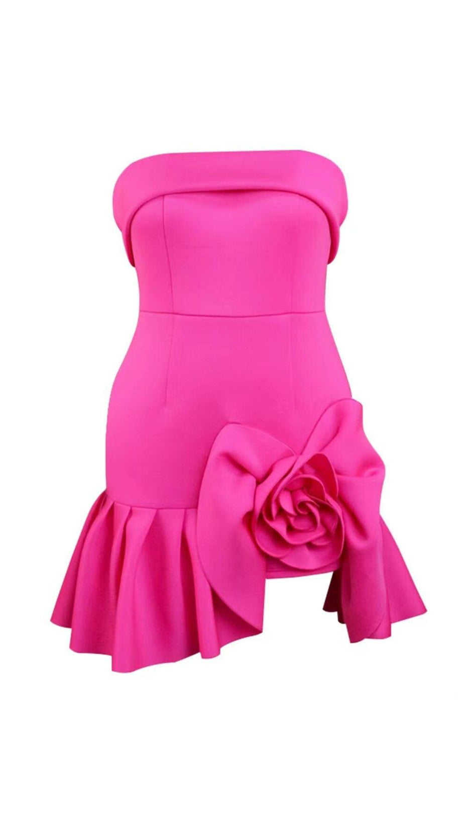 STRAPLESS FLOWER RUCHED MINI DRESS IN HOT PINK