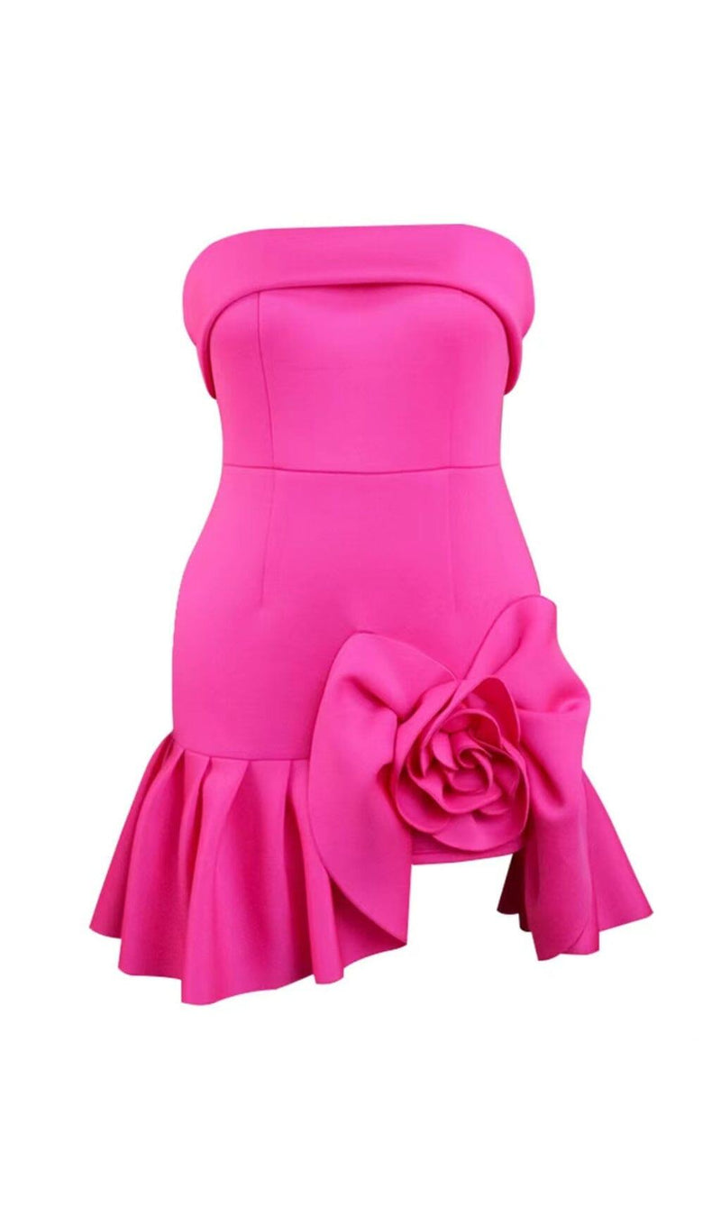 STRAPLESS FLOWER RUCHED MINI DRESS IN HOT PINK