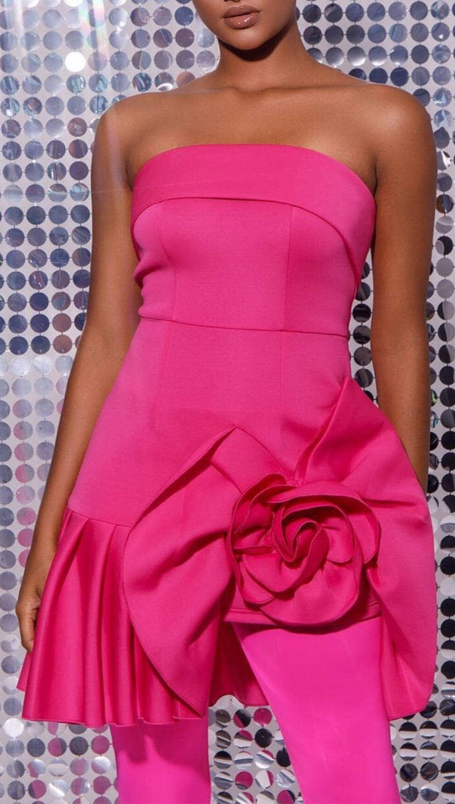 STRAPLESS FLOWER RUCHED MINI DRESS IN HOT PINK