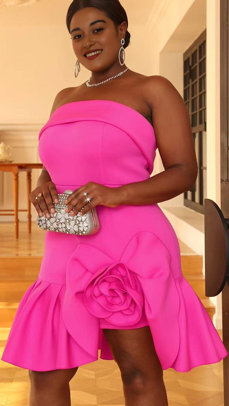 STRAPLESS FLOWER RUCHED MINI DRESS IN HOT PINK