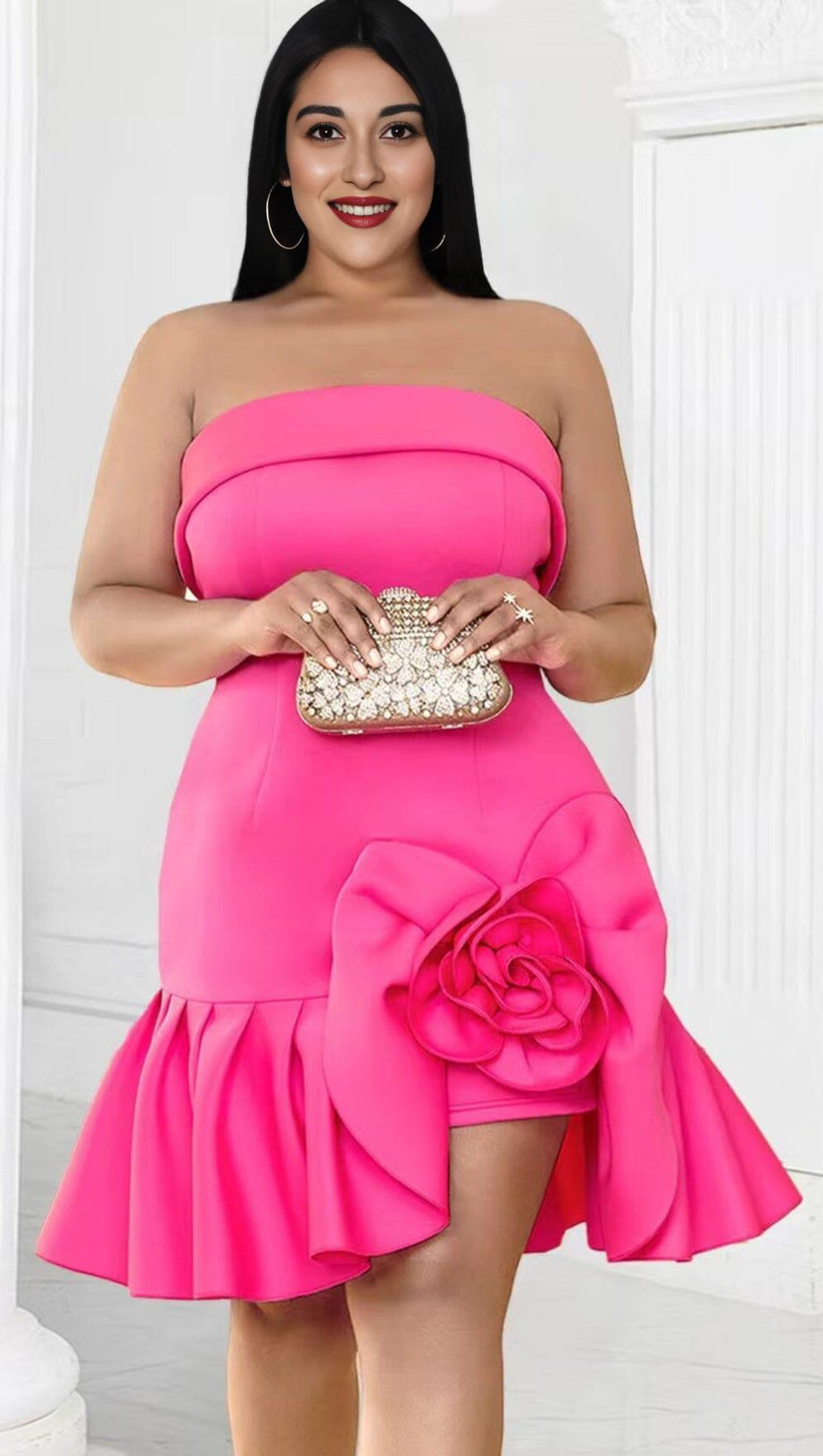 STRAPLESS FLOWER RUCHED MINI DRESS IN HOT PINK