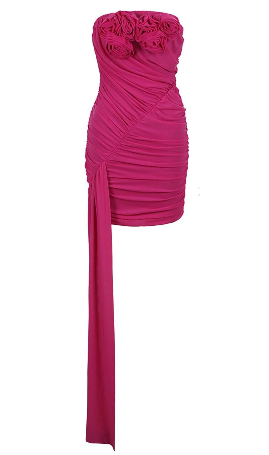 STRAPLESS RUCHED MINI DRESS IN ROSE RED