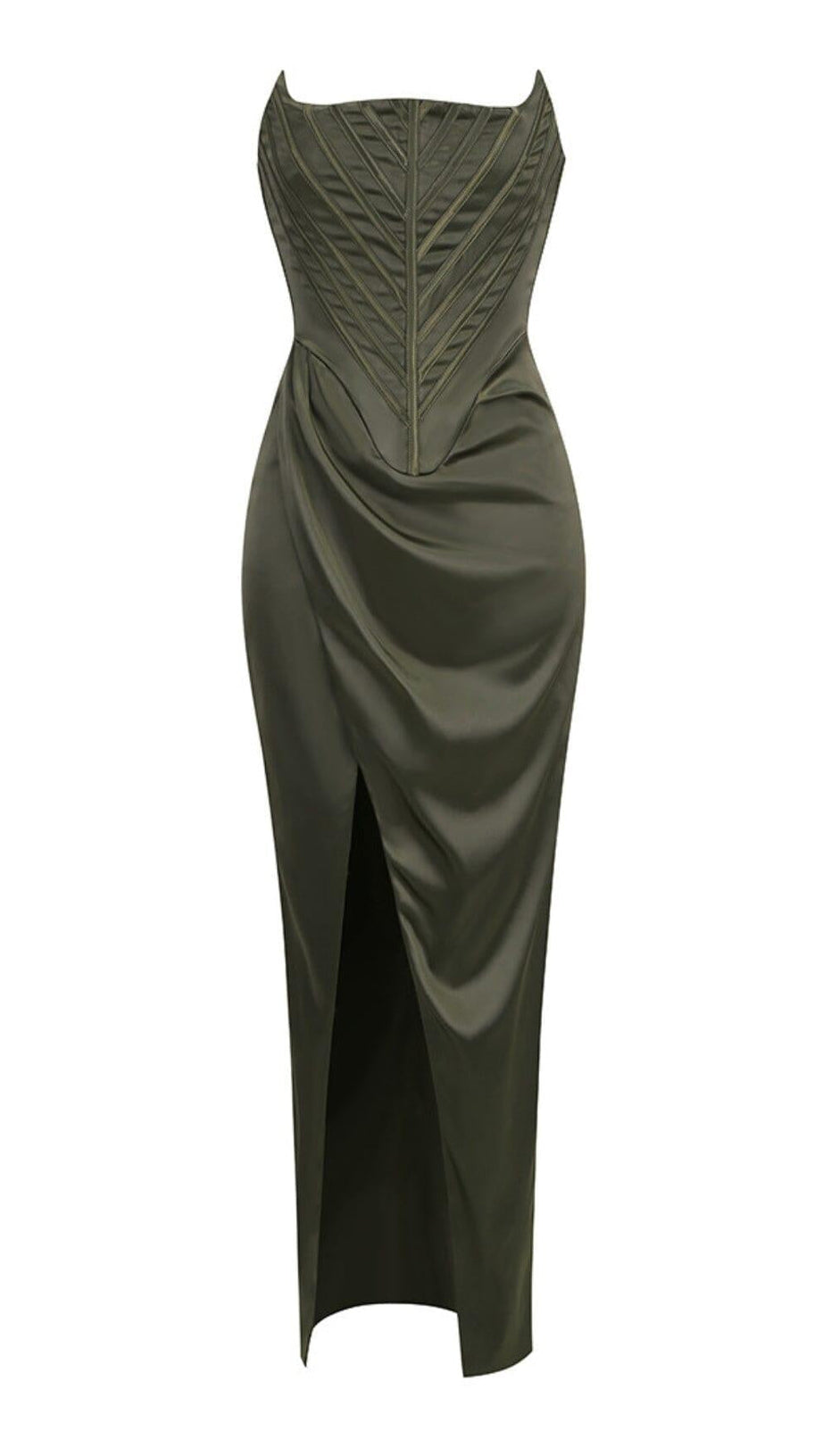 STRAPLESS SATIN SPLIT MAXI DRESS