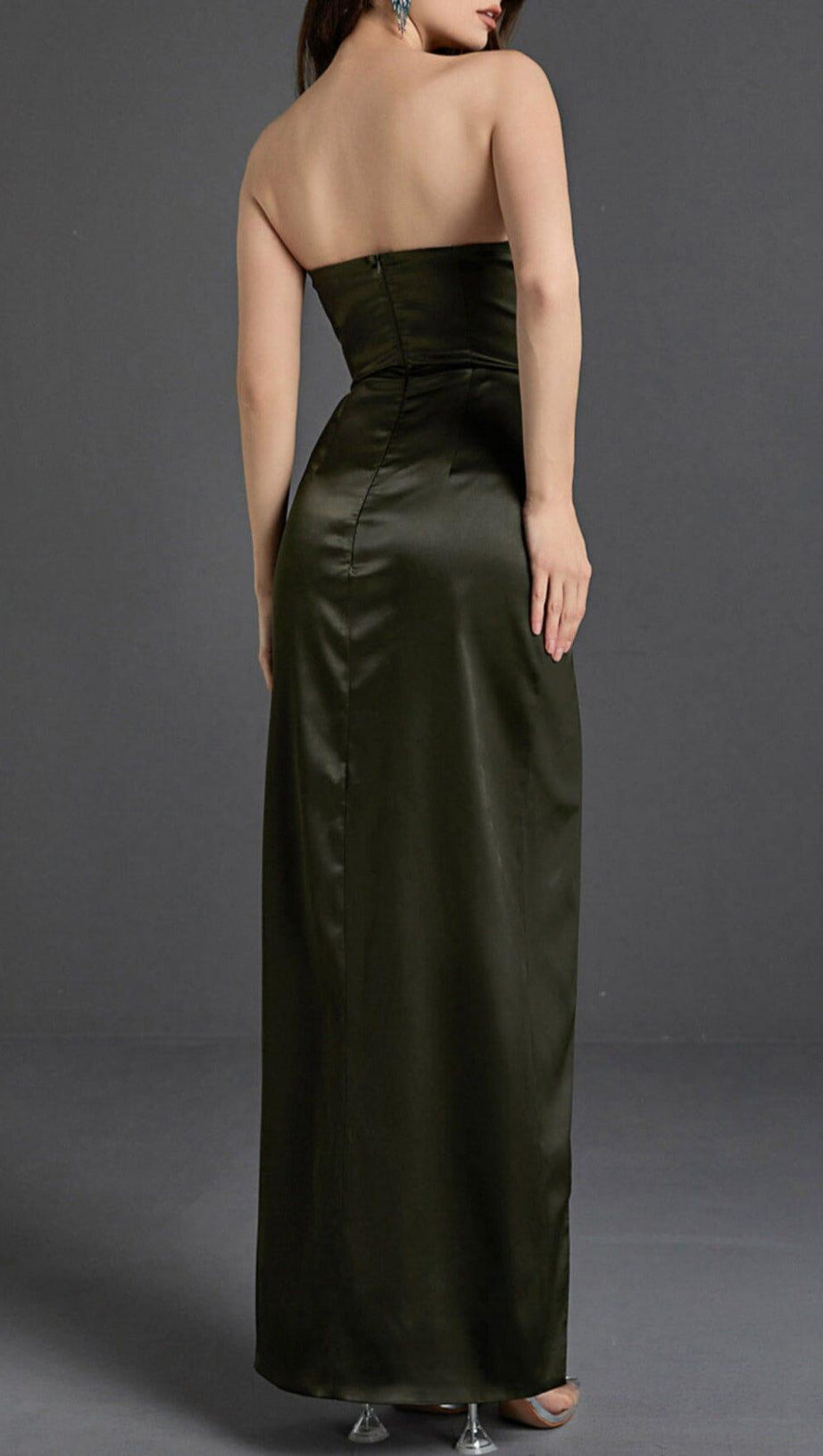 STRAPLESS SATIN SPLIT MAXI DRESS