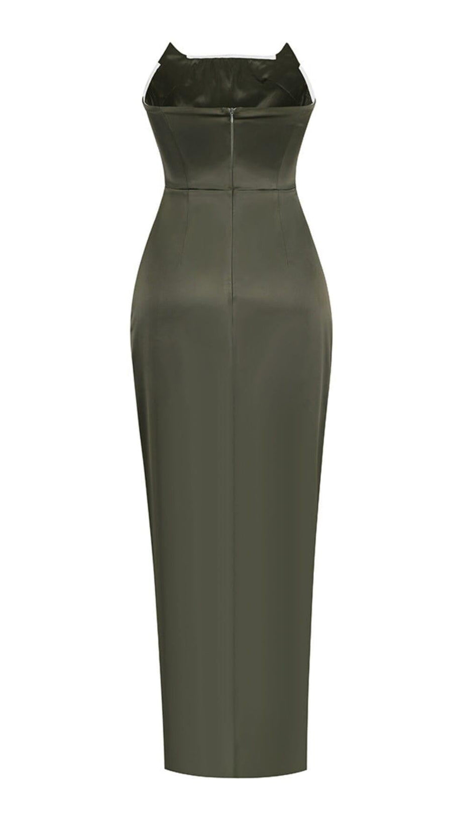 STRAPLESS SATIN SPLIT MAXI DRESS