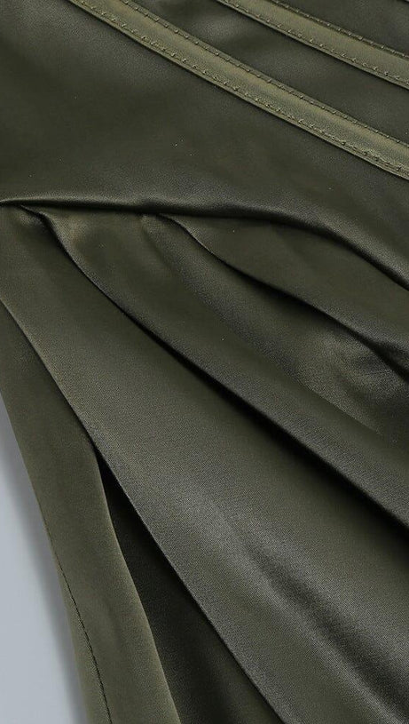 STRAPLESS SATIN SPLIT MAXI DRESS