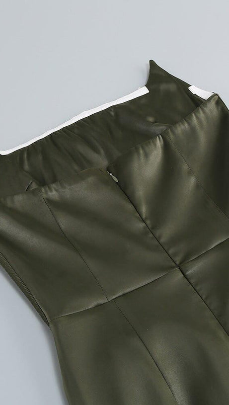 STRAPLESS SATIN SPLIT MAXI DRESS