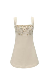 STRAPPY CRYSTAL EMBELLISHED MINI DRESS IN BEIGE