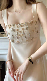 STRAPPY CRYSTAL EMBELLISHED MINI DRESS IN BEIGE