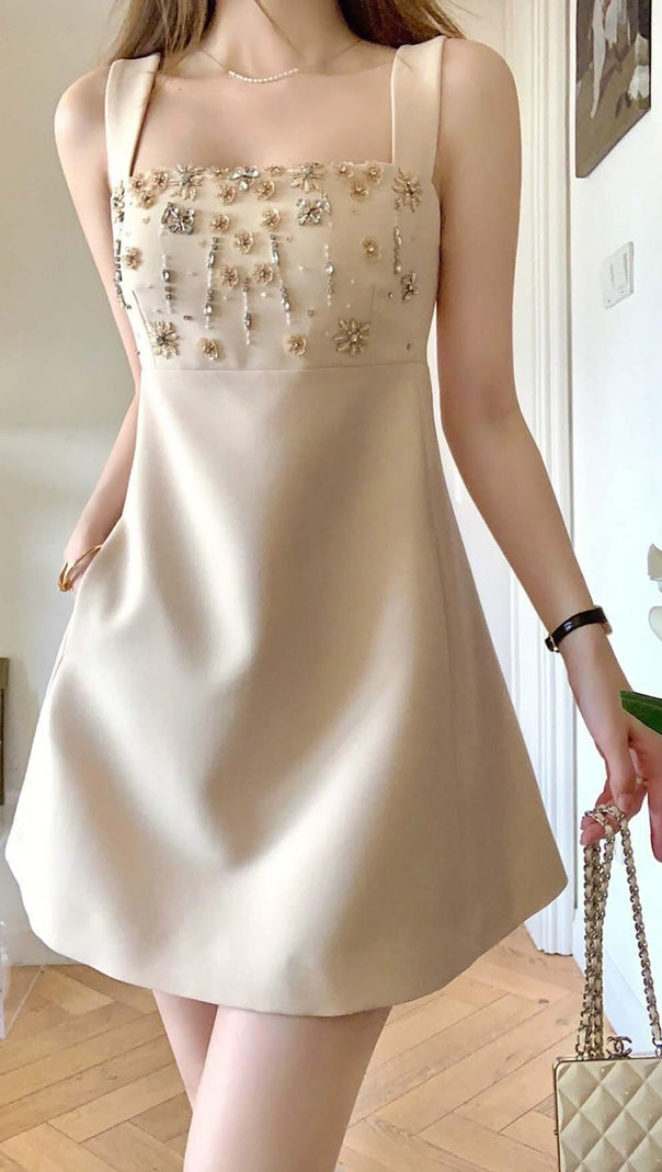 AIIZIE STRAPPY CRYSTAL EMBELLISHED MINI DRESS IN BEIGE - product image