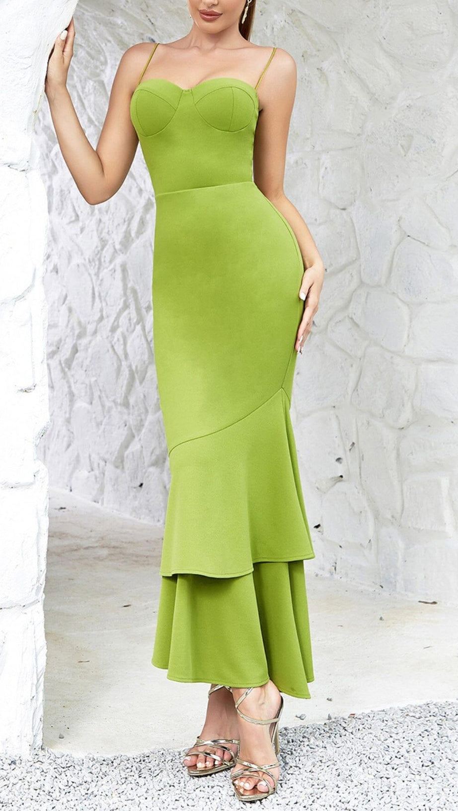 STRAPPY FISHTAIL MAXI DRESS IN GREEN