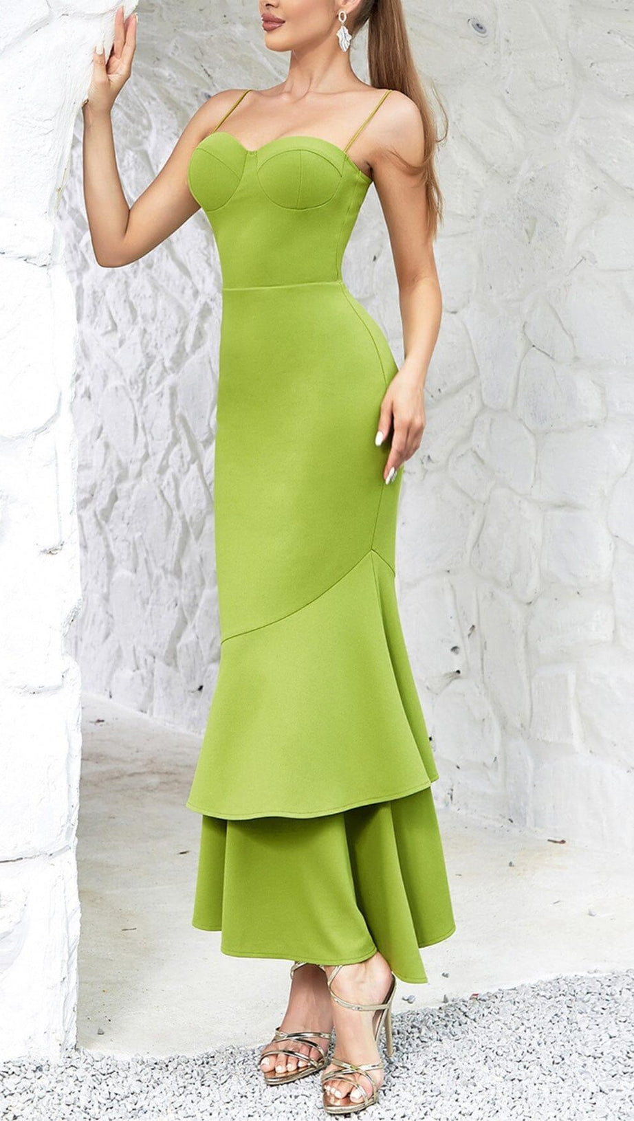 STRAPPY FISHTAIL MAXI DRESS IN GREEN