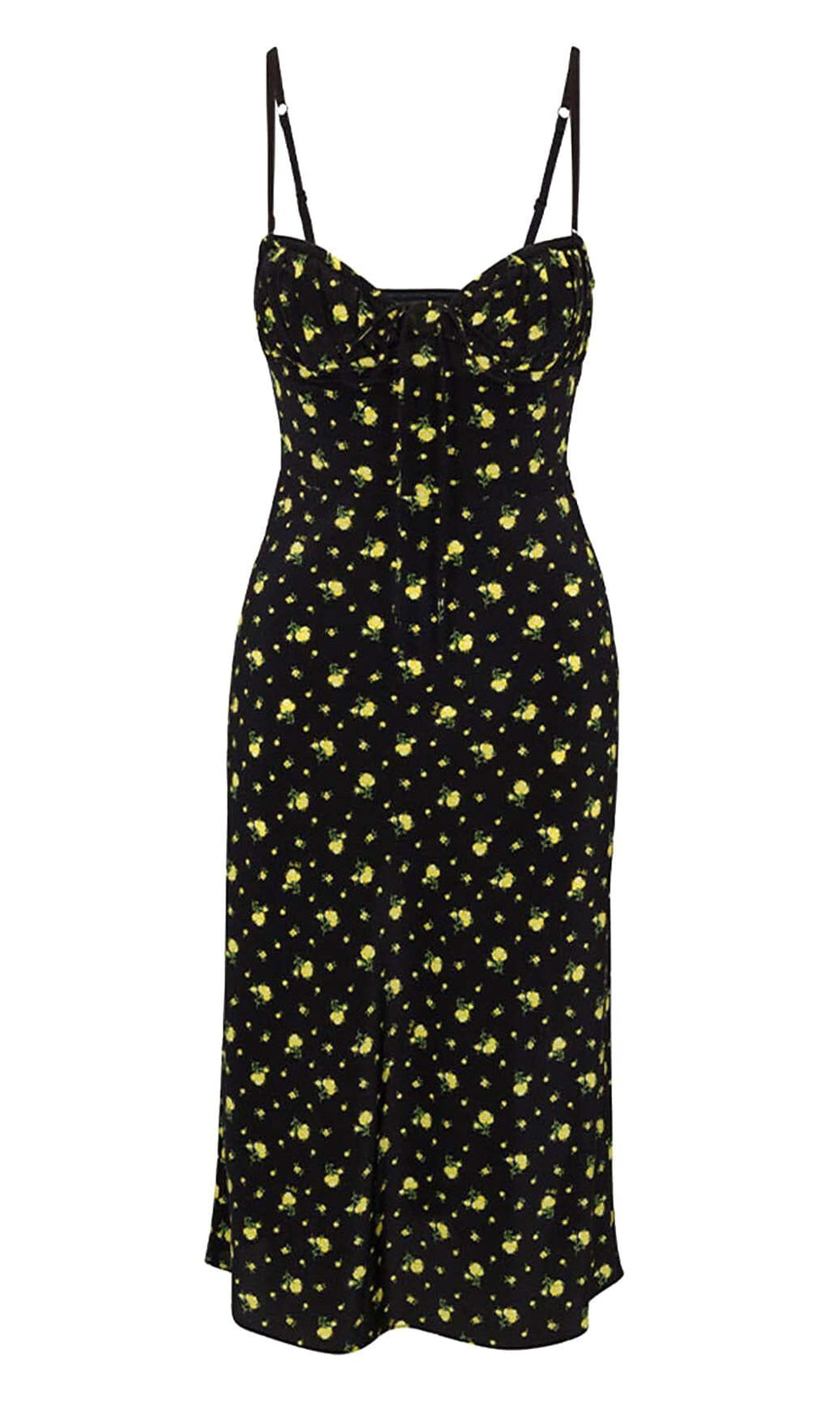 ABITO MIDI CON STAMPA FLOREALE E SPALLINE IN NERO