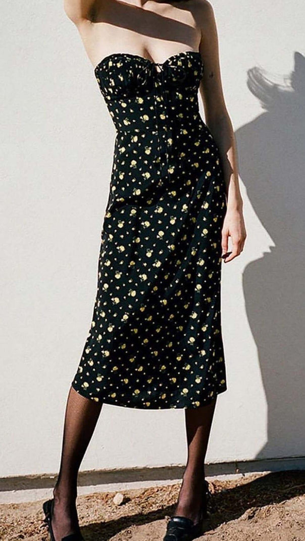 AIIZIE STRAPPY FLORAL PRINT MIDI DRESS IN BLACK - product image