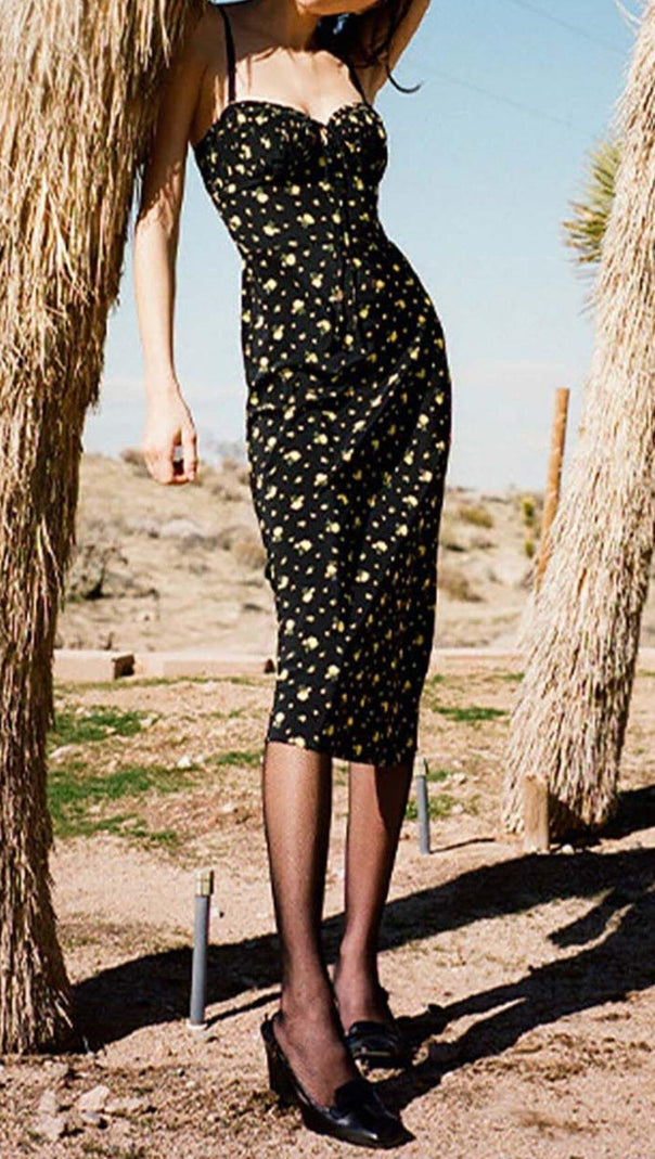 AIIZIE STRAPPY FLORAL PRINT MIDI DRESS IN BLACK - product image