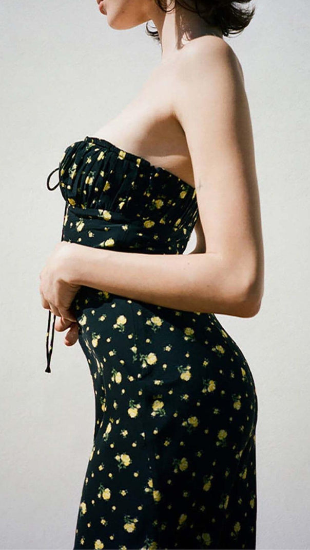 AIIZIE STRAPPY FLORAL PRINT MIDI DRESS IN BLACK - product image