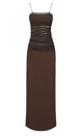 STRAPPY MESH MAXI DRESS IN BROWN