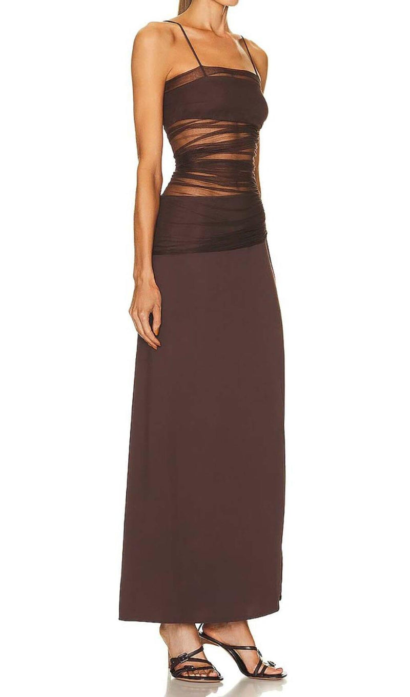 STRAPPY MESH MAXI DRESS IN BROWN