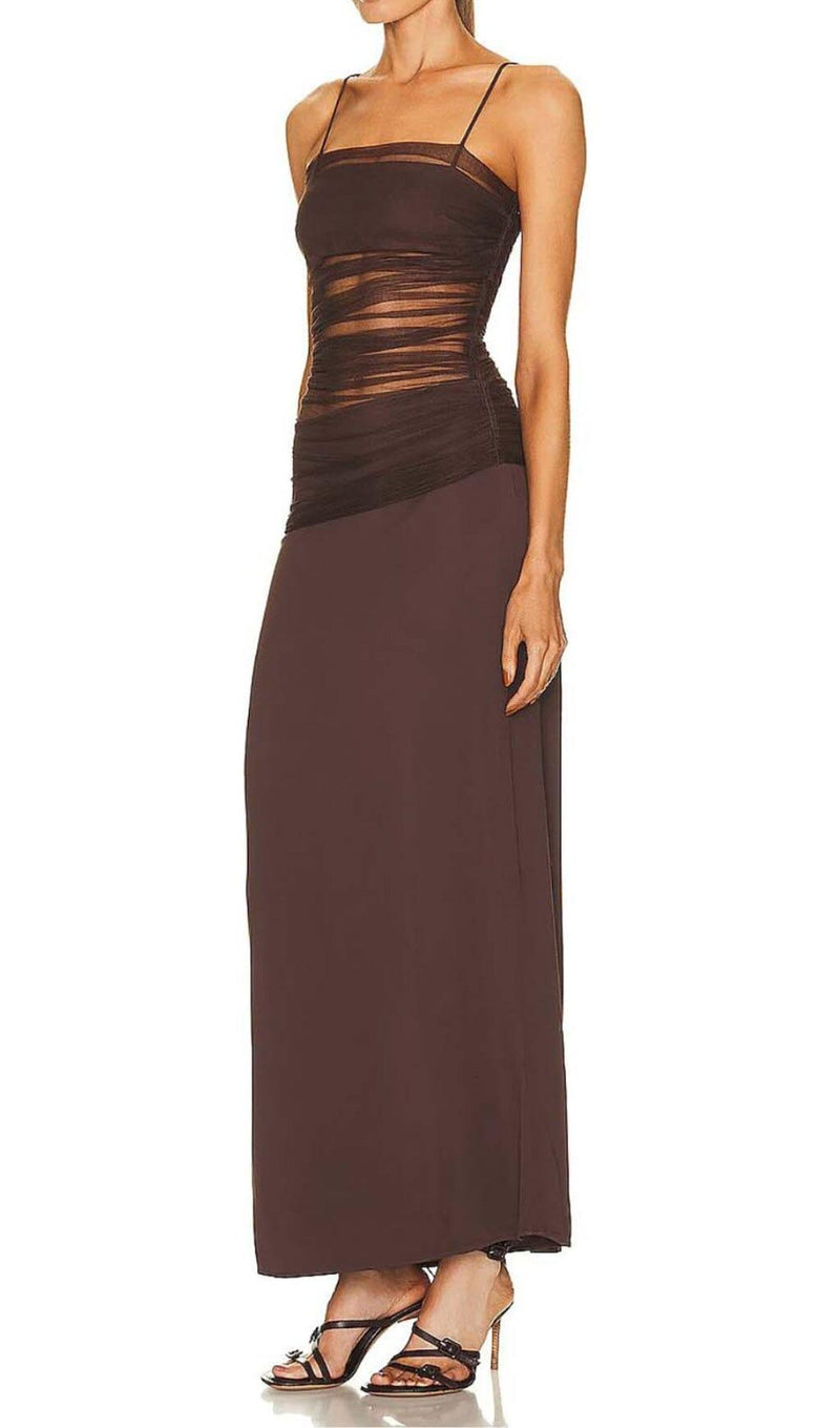 STRAPPY MESH MAXI DRESS IN BROWN