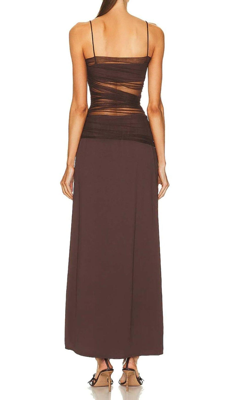 STRAPPY MESH MAXI DRESS IN BROWN