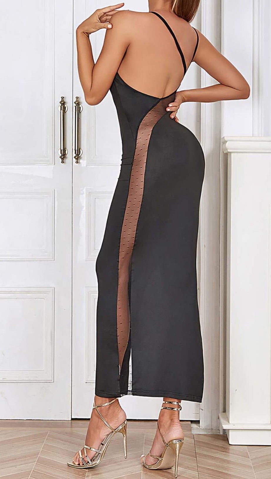 STRAPPY MESH MIDI DRESS IN BLACK