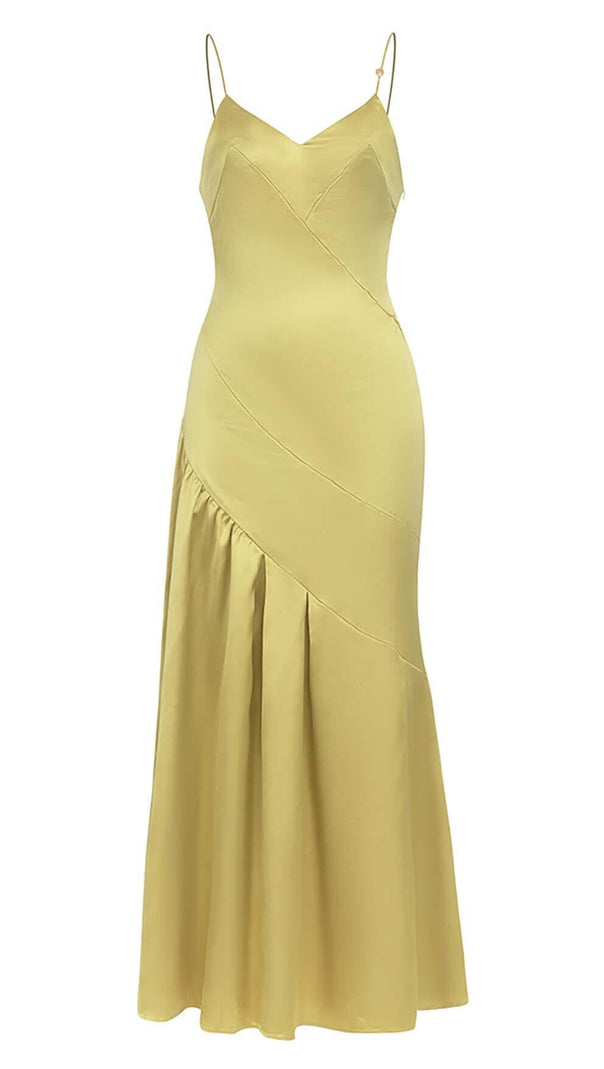 ABITO MIDI IN RASO CON SPALLINE IN OCRA CHIARO
