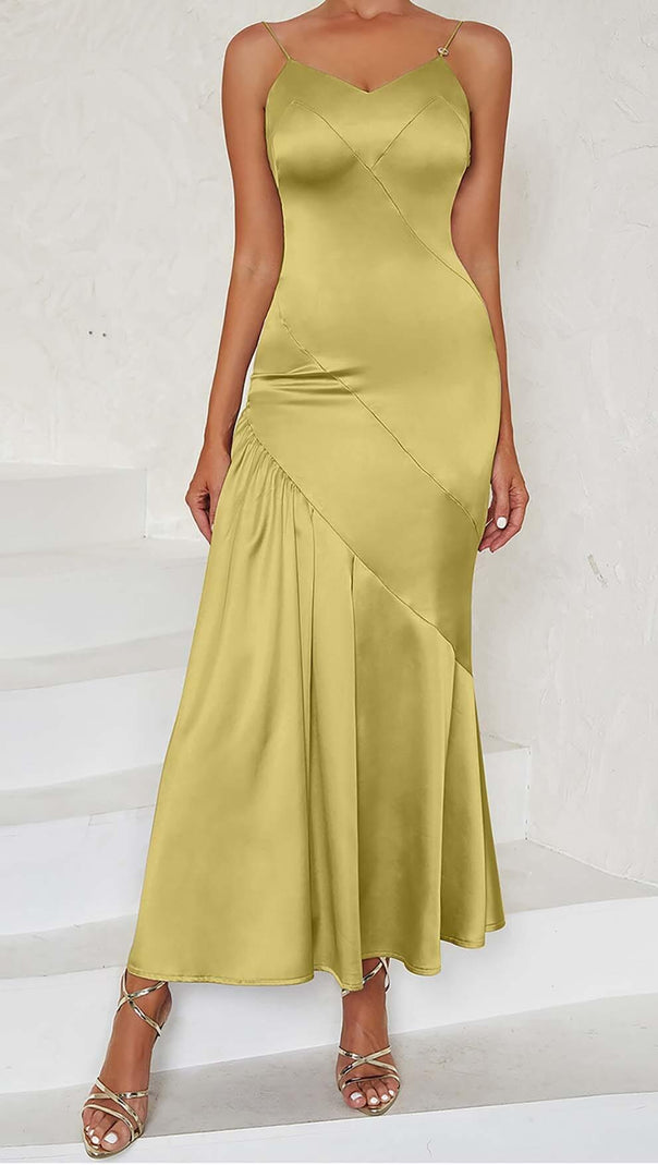 ABITO MIDI IN RASO CON SPALLINE IN OCRA CHIARO