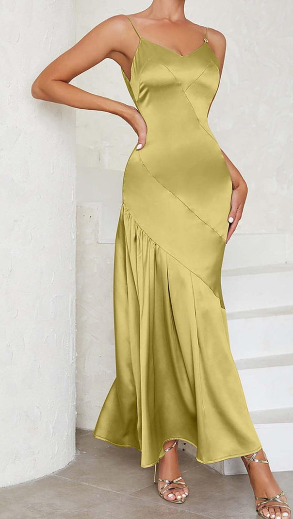 ABITO MIDI IN RASO CON SPALLINE IN OCRA CHIARO