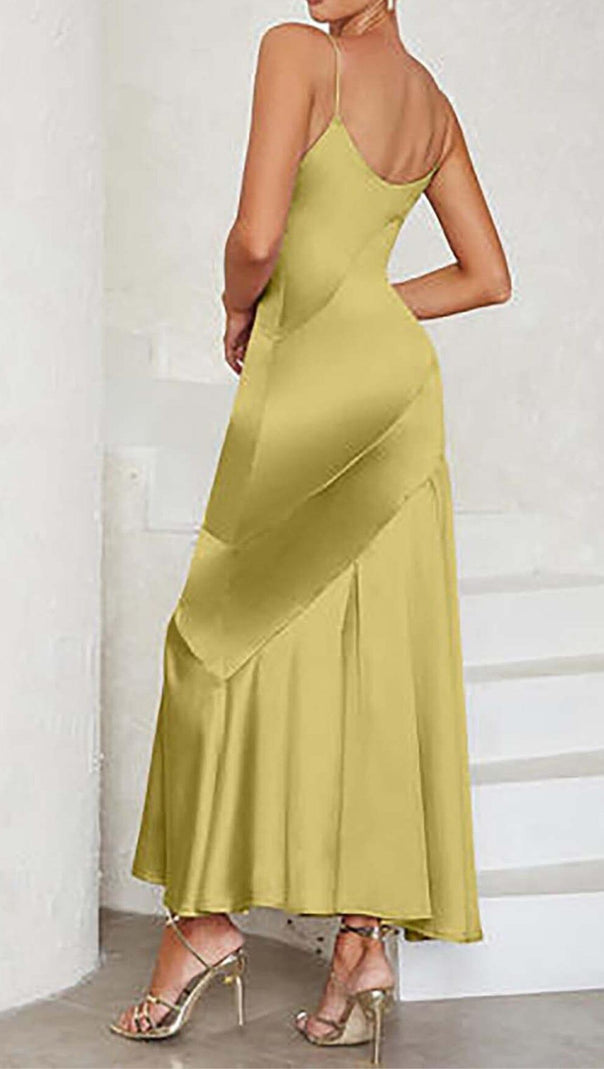 ABITO MIDI IN RASO CON SPALLINE IN OCRA CHIARO