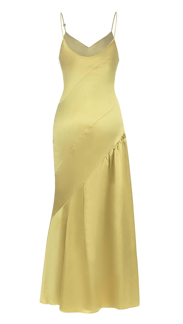 ABITO MIDI IN RASO CON SPALLINE IN OCRA CHIARO
