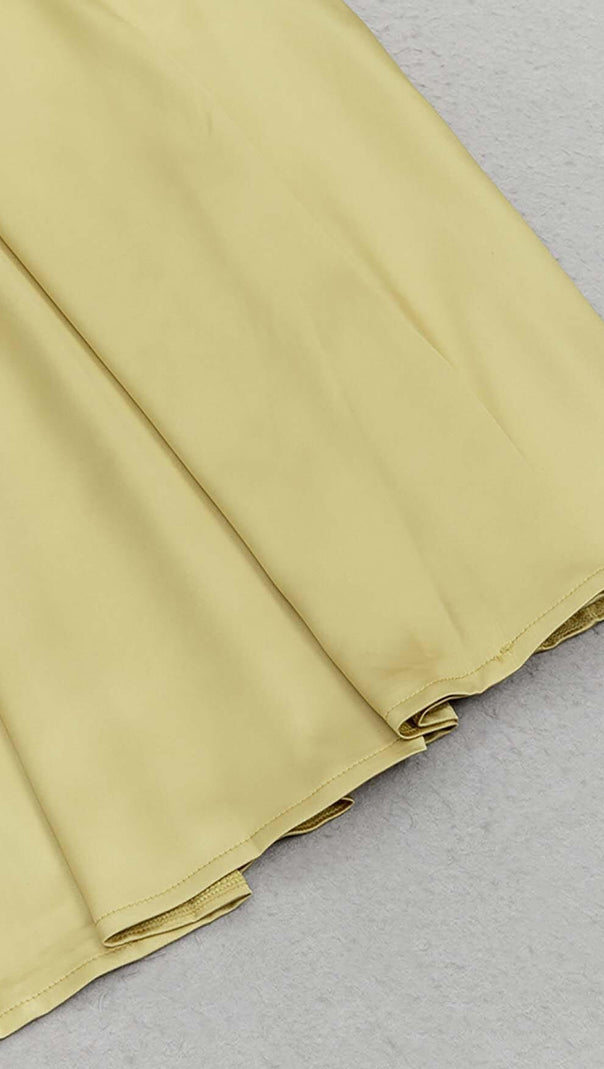 ABITO MIDI IN RASO CON SPALLINE IN OCRA CHIARO