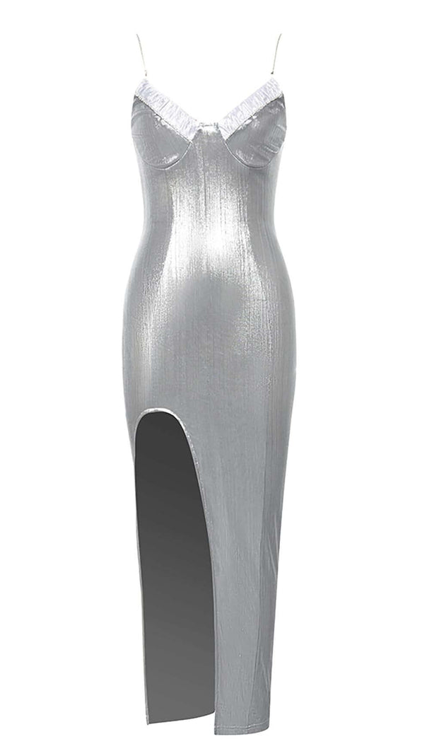 AIIZIE STRAPPY SPILT MIDI DRESS IN METALLIC SILVER - product image