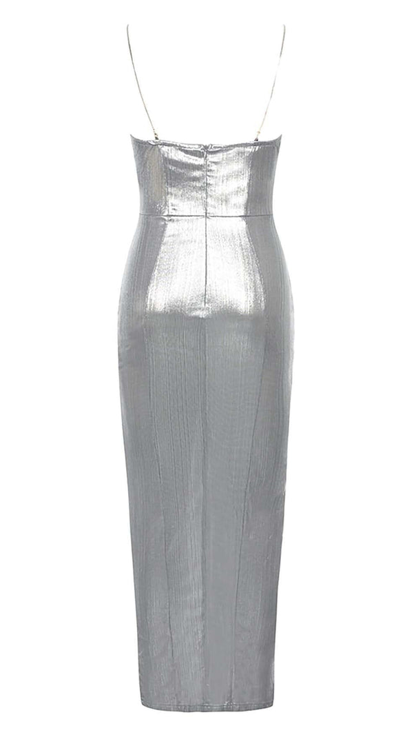 AIIZIE STRAPPY SPILT MIDI DRESS IN METALLIC SILVER - product image