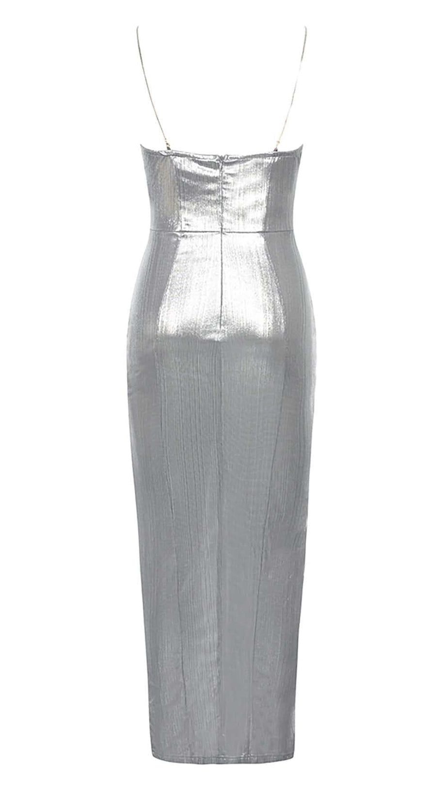 MIDIKLEID MIT TRÄGERN UND SPLITT IN METALLIC-SILBER
