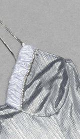 STRAPPY SPILT MIDI DRESS IN METALLIC SILVER