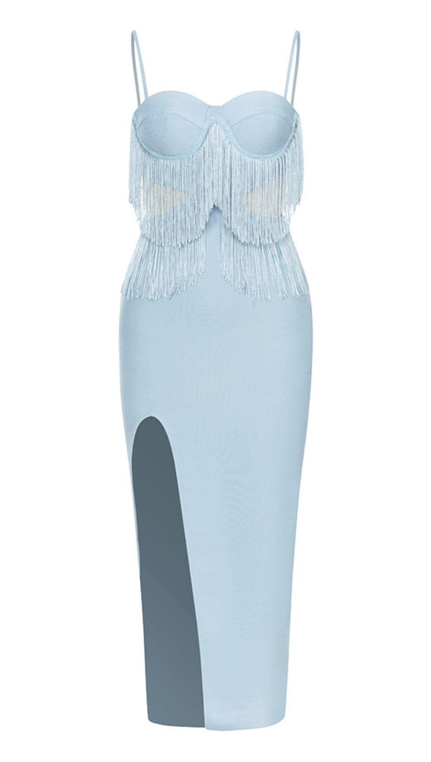 AIIZIE TASSEL BANDAGE MIDI DRESS IN LIGHT BLUE - product image