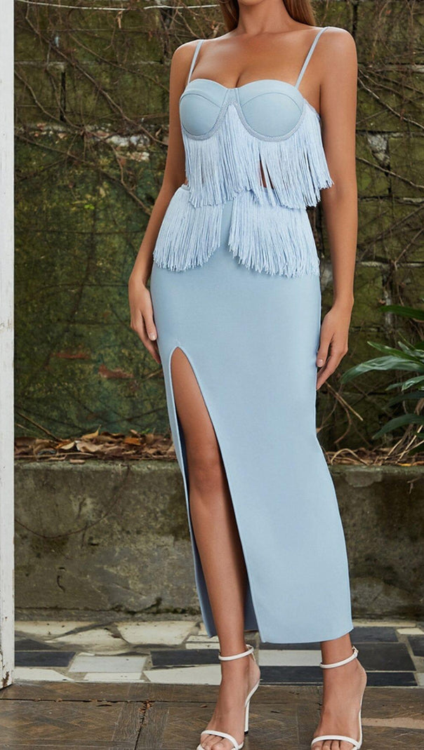 AIIZIE TASSEL BANDAGE MIDI DRESS IN LIGHT BLUE - product image