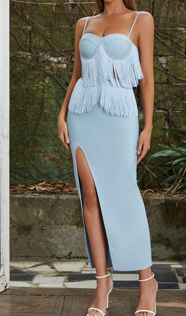 TASSEL BANDAGE MIDI DRESS IN LIGHT BLUE