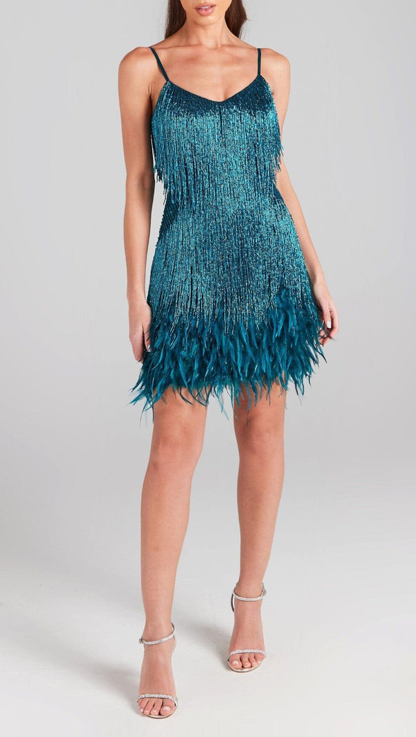 AIIZIE TASSEL FEATHER MINI DRESS IN EMERALD - product image
