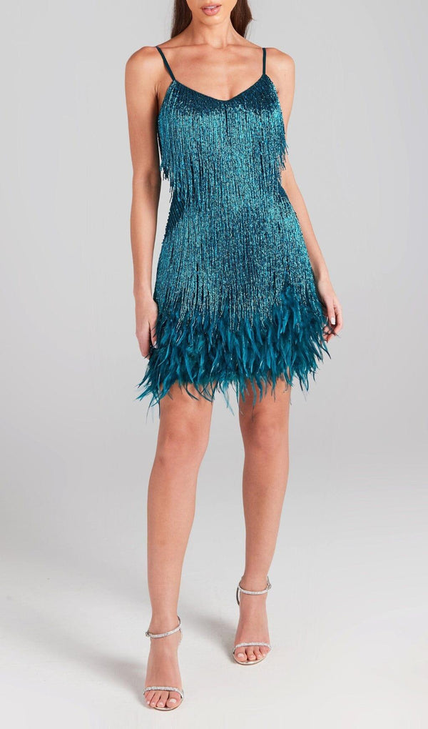 TASSEL FEATHER MINI DRESS IN EMERALD