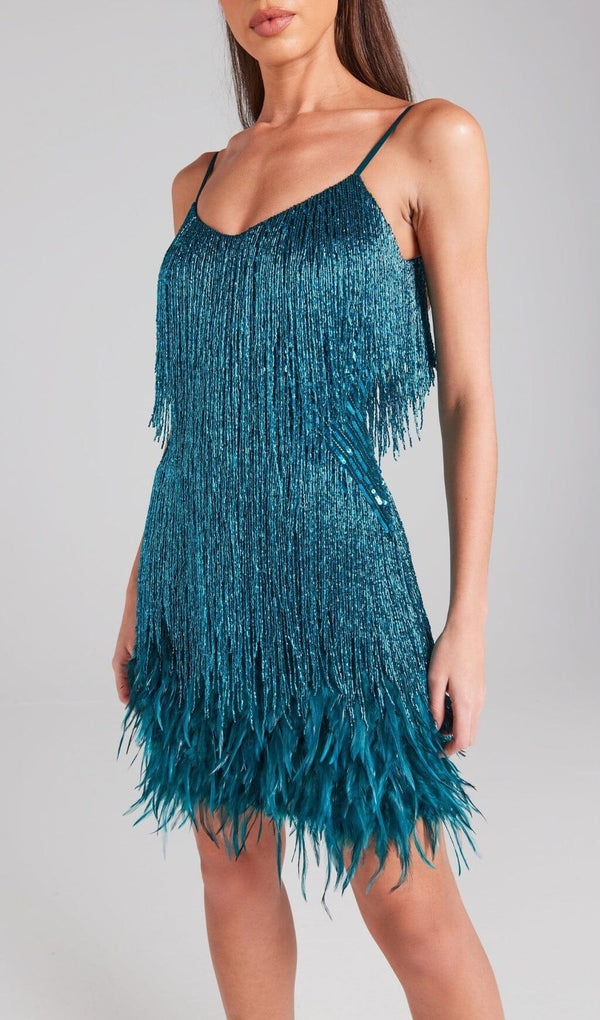 TASSEL FEATHER MINI DRESS IN EMERALD